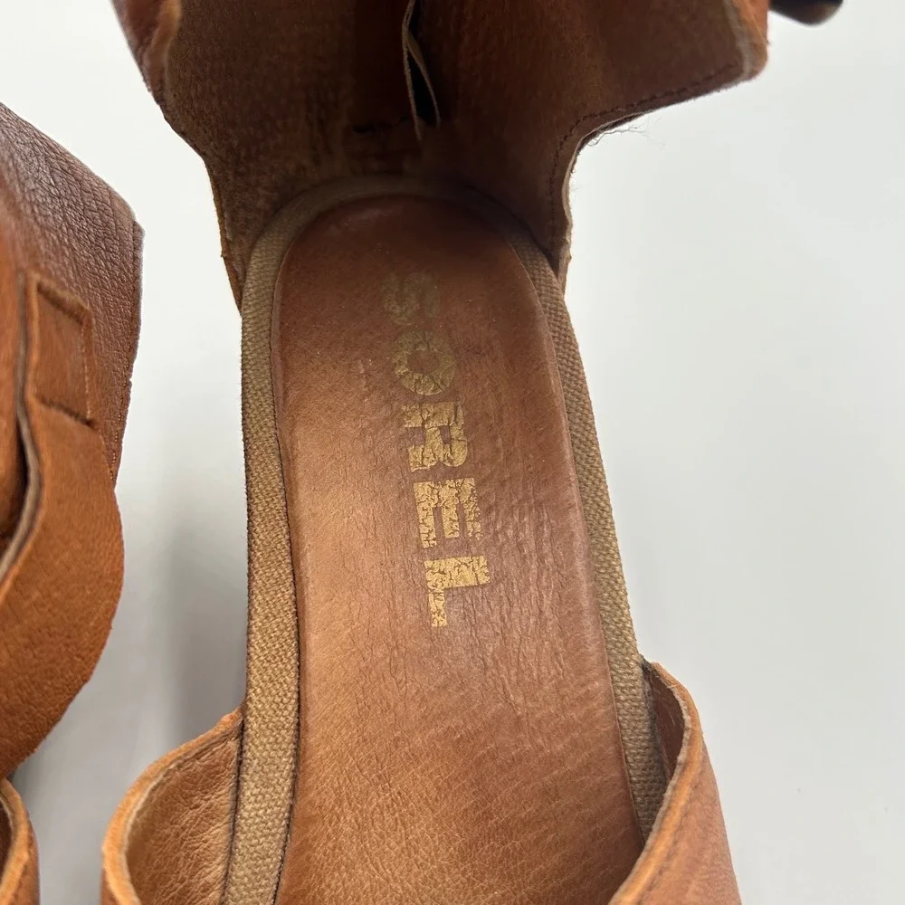 Sorel Joanie Sandal II Tan Leather Wedge Criss Cross Ankle Strap Size 8